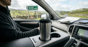 Insulated travel mug for coffee fitting neatly into a standard car cup holder on a UK road trip.