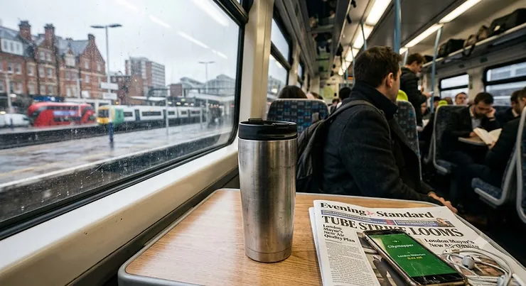 Stainless steel travel mug for coffee sitting on a fold-out train table during a morning London commute.