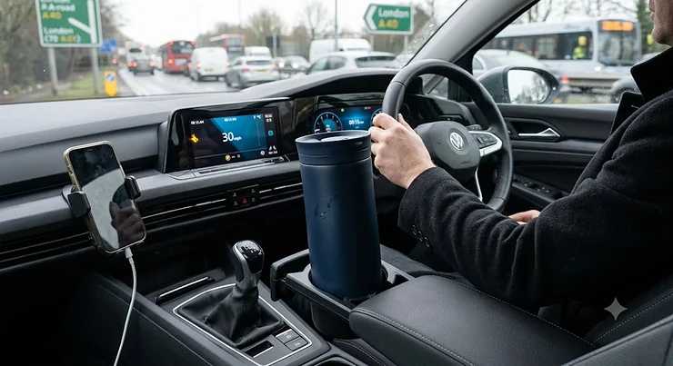 Leakproof travel mug fitting securely into a UK car cup holder during a morning commute