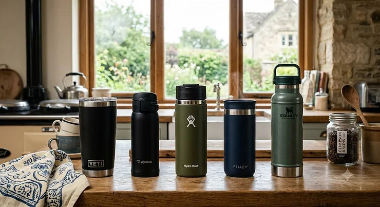 A lineup of the best travel mugs that keep coffee hot the longest, showing premium vacuum-insulated flasks side by side on a British kitchen counter.