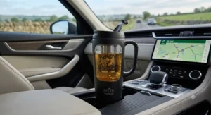 Thermal travel mug with built-in infuser sitting securely in a car cup holder during a morning drive