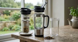 Disassembled travel mug with built-in infuser highlighting the fine mesh strainer and lid