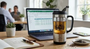 Reusable travel mug with built-in infuser alongside a laptop on an office desk during a tea break