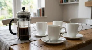 A set of elegant white ceramic coffee mugs arranged next to a glass cafetiere on a dining table.