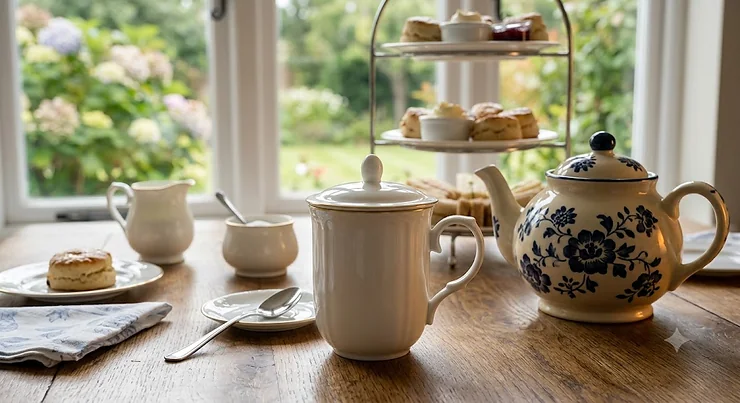 A classic white porcelain mug with a lid next to a traditional teapot during British afternoon tea.