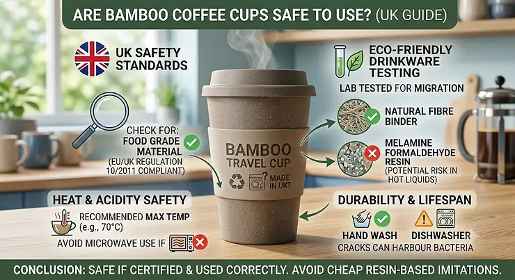 Infographic explaining whether bamboo coffee cups are safe to use in the UK, highlighting safety standards and eco-friendly drinkware testing. are bamboo coffee cups safe to use