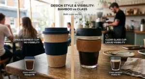 Visual comparison showing liquid visibility in a clear glass coffee cup compared to an opaque bamboo travel mug.