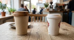Side-by-side comparison of a durable natural bamboo fibre coffee cup and a single-use paper takeaway cup.