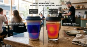 Thermal insulation comparison diagram between a bamboo coffee cup and a toughened glass coffee cup.