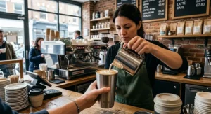 Barista pouring a freshly poured latte into a customer's stainless steel reusable coffee cup at a British high street café.