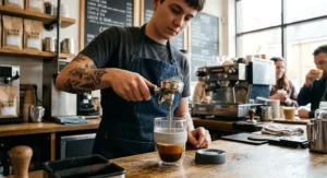 Barista pouring a fresh espresso shot into a double-walled glass reusable coffee cup at a coffee shop counter