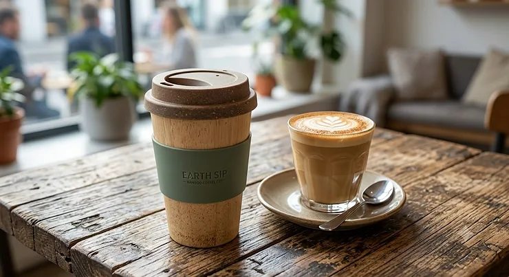 An eco-friendly reusable bamboo coffee cup sitting on a rustic wooden cafe table alongside a fresh morning latte.