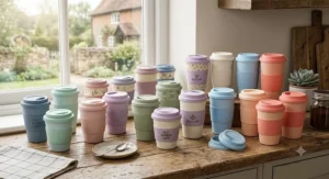 A selection of the best bamboo coffee cups displayed in various stylish pastel colours and practical sizes.
