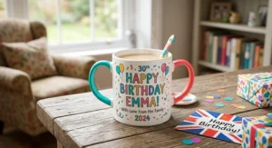 Vibrant custom mug with printed birthday message and colorful handle, ideal for British gift giving.