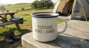 Durable enamel camping mug with personalized name engraving placed on a outdoor picnic bench in the UK.