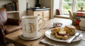 Elegant porcelain mug featuring a personalized monogram in gold foil lettering next to a plate of scones.