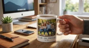 Custom ceramic mug featuring a family photo and text, considered one of the best personalised mugs for Father's Day.
