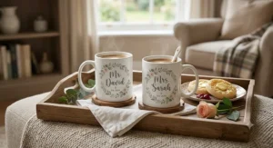 Pair of matching personalized mugs for couples with customized Mr and Mrs names on a cozy morning tray.
