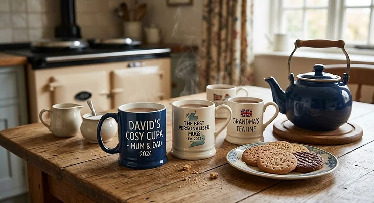 A selection of the best personalised mugs on a wooden kitchen table alongside a teapot and biscuits for a British cuppa.