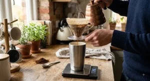 Pour-over filter coffee being brewed directly into a ceramic-lined stainless steel cup for pure flavour