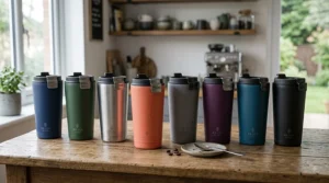 Lineup of stainless steel reusable coffee cups displayed in a variety of modern matte colours on a wooden surface.