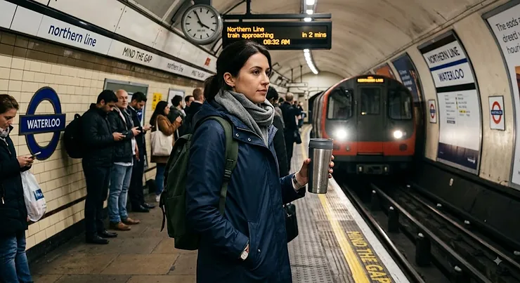 Commuter holding a double-walled stainless steel reusable coffee cup while waiting on a UK train platform.
