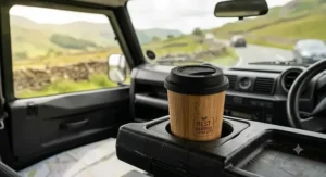 A compact bamboo travel coffee mug fitted neatly into a standard vehicle cup holder for British road trips.