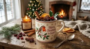 Custom Christmas mug filled with mulled wine and topped with cinnamon sticks and star anise.