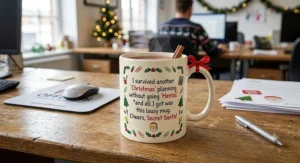 Custom Christmas mug with a funny office joke, ideal for a Secret Santa gift.