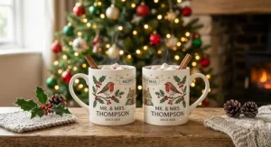 Matching pair of custom Christmas mugs for couples, placed beside a decorated Christmas tree.