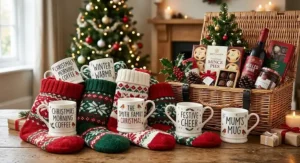 Set of custom mugs for Christmas styled as stocking fillers next to a festive hamper.