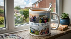 Custom photo printed mug showing family holiday memories, an affordable UK gift idea under £15