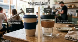 Illustration testing the durability and shatter resistance of a bamboo travel mug versus a glass coffee cup.