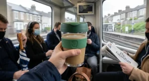 Borosilicate glass reusable cup with a protective thermal silicone sleeve held on a UK morning commute