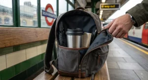Durable stainless steel travel mug placed inside a commuter backpack, designed to prevent spills.