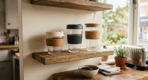 Set of three eco-friendly glass reusable coffee cups in different sizes displayed on a kitchen shelf