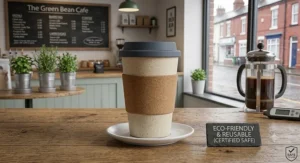 Eco-friendly reusable bamboo coffee cup with a silicone lid sitting on a British cafe table.
