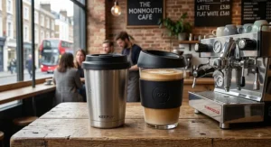 Eco-friendly stainless steel vs glass reusable coffee cups displayed next to a barista machine.