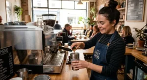 Reusable stainless steel coffee cup being filled by a barista in a British high street coffee shop