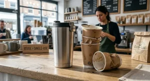 Stainless steel reusable coffee cup placed next to disposable paper takeaway cups to show eco-friendly waste reduction.