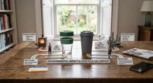 Diagram depicting the manufacturing footprint and eco-friendly lifecycle of glass reusable cups versus plastic reusable cups in the UK