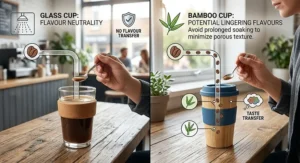 Illustration highlighting flavour neutrality in a glass coffee cup compared to a natural bamboo fibre cup.