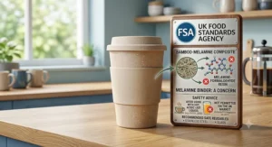 Illustration showing UK Food Standards Agency guidance regarding reusable bamboo composite coffee cups and resin binders.
