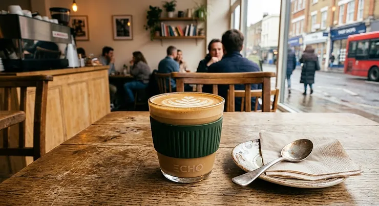 Glass reusable coffee cup filled with a flat white coffee on a wooden table in a British cafe