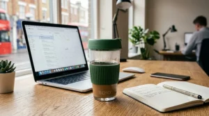 Glass reusable coffee cup sitting beside a laptop and notebook on an office desk