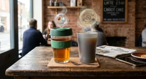 Illustration showing a glass reusable cup preserving fresh coffee flavour compared to a plastic reusable cup that retains previous drink tastes