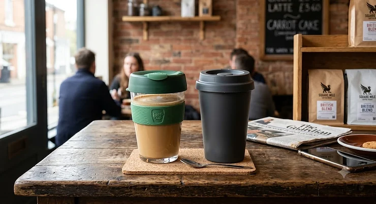 Side by side comparison of a glass reusable cup and a plastic reusable cup sitting on a British coffee shop table. glass reusable cup vs plastic reusable cup