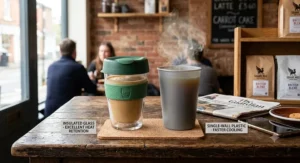 Hot flat white coffee served in an insulated glass reusable cup alongside a single-wall plastic reusable travel mug