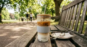 Iced latte in a tall glass reusable coffee cup with a bamboo lid and reusable straw on a park bench
