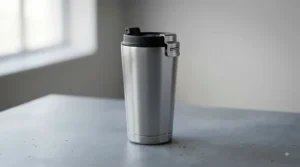 Sleek silver stainless steel reusable coffee cup with vacuum heat insulation on a neutral background.